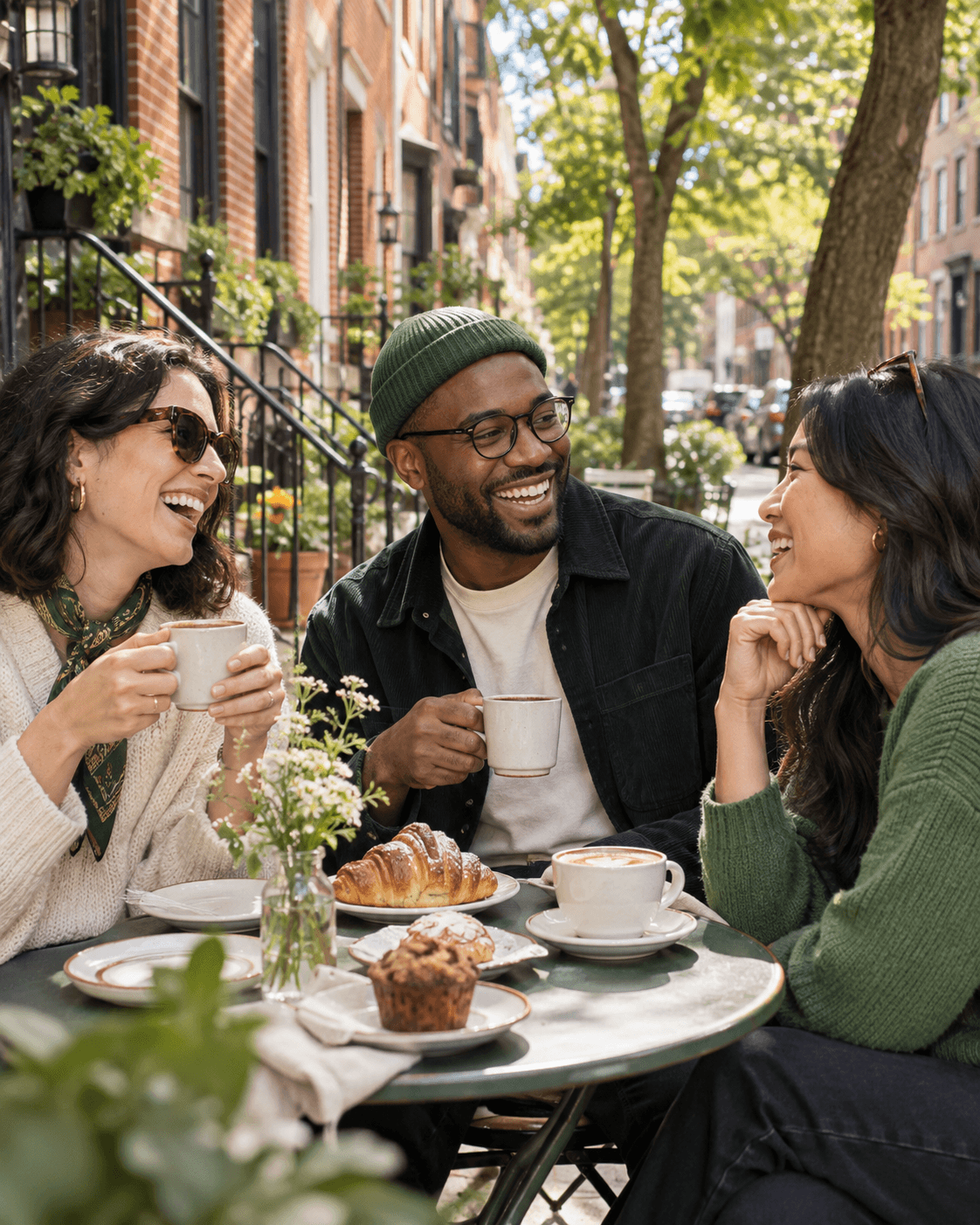 Friends enjoying coffee and pastries on a Philadelphia sidewalk